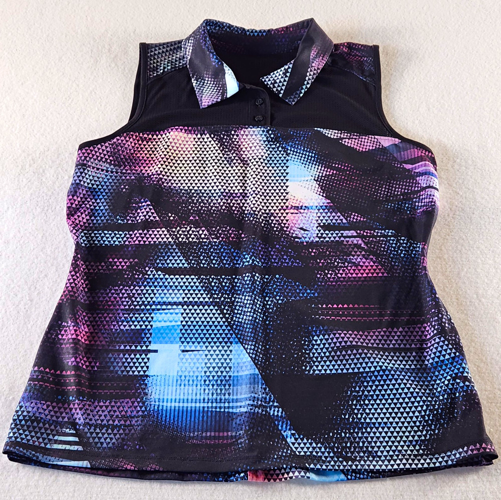 FILA Sport Womens L Sleeveless Golf Polo Geometric Print Stretch Mesh Black